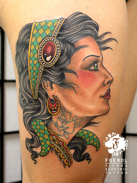 New School Women Gypsy Thigh Tattoo by Vienna Electric Tattoo