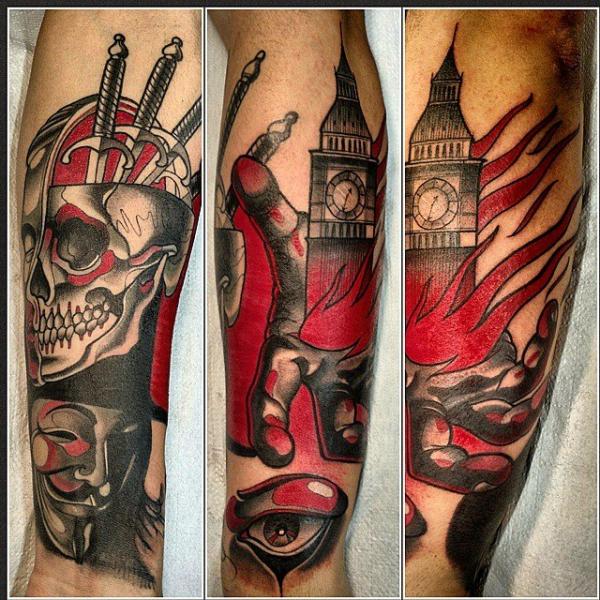 Arm Skull Eye Big Ben Flame Tattoo by Nik The Rookie