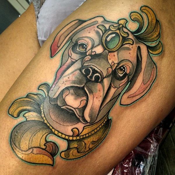 Dog Thigh Tattoo by Nik The Rookie