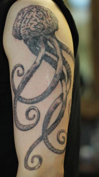 Shoulder Arm Octopus Brain Tattoo by Ottorino d'Ambra