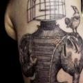 Shoulder Dotwork Bird Cage tattoo by Ottorino d'Ambra