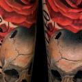 Realistic Calf Flower Skull Rose tattoo by Alex de Pase