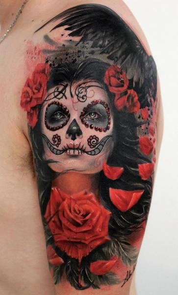 Shoulder Flower Mexican Skull Tattoo by Alex de Pase