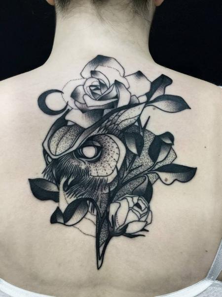 Flower Back Owl Dotwork Tattoo by Michele Zingales