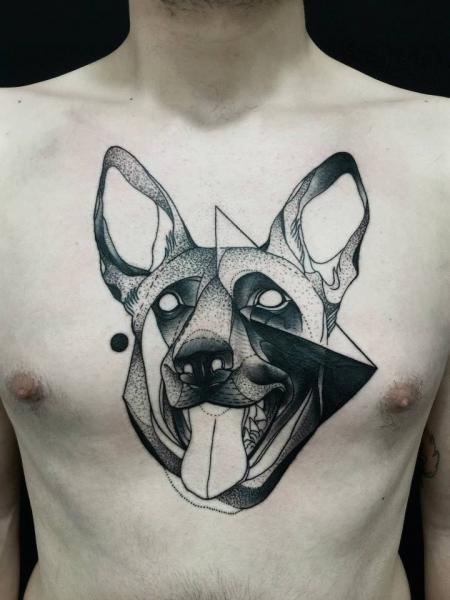 Tatuagem Peito Cachorro Dotwork por Michele Zingales