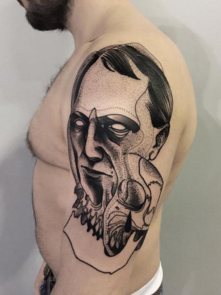 Shoulder Dotwork Men Tattoo by Michele Zingales