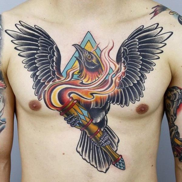 New School Chest Belly Crow Flame Tattoo by Sacred Tattoo Studio