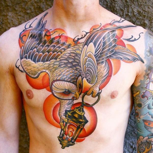 New School Chest Owl Belly Lamp Tattoo by Sacred Tattoo Studio