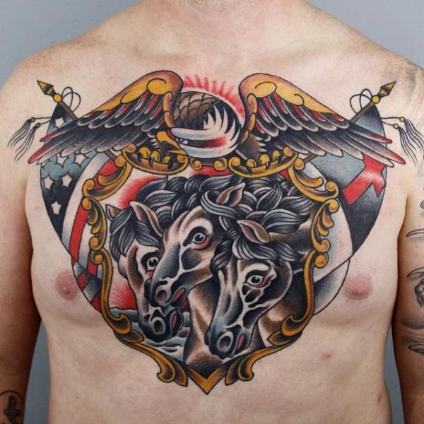 New School Chest Eagle Horse Tattoo by Sacred Tattoo Studio