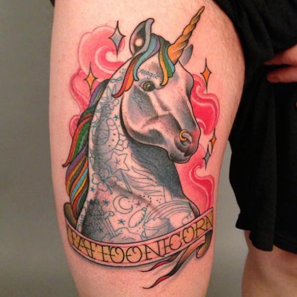 Fantasy Unicorn Thigh Tattoo by Sacred Tattoo Studio