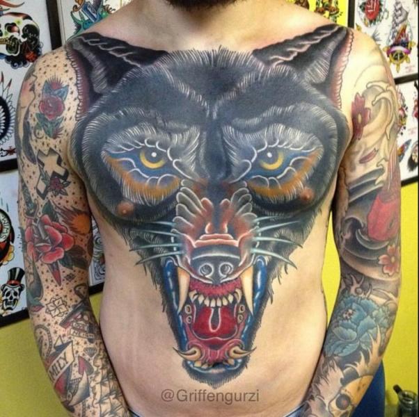 Schulter Brust Wolf Bauch Tattoo von Captured Tattoo
