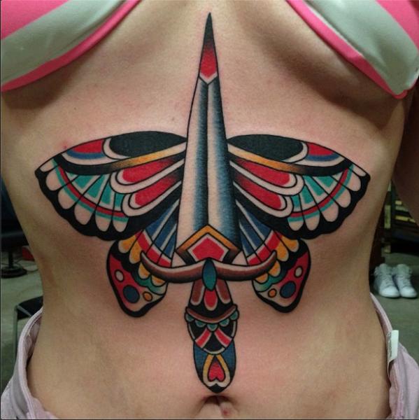 New School Butterfly Belly Dagger Tattoo by Captured Tattoo