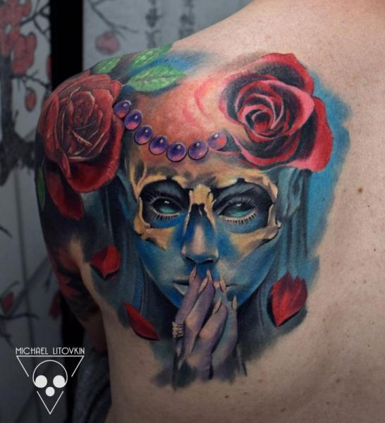Shoulder Flower Women Back Tattoo by Michael Litovkin