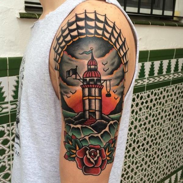 Schulter Arm Leuchtturm Old School Tattoo von Forever Tattoo