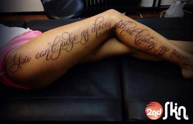 Leg Lettering Tattoo by 2nd Skin