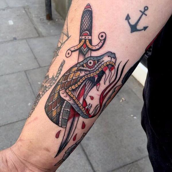 Arm Snake Old School Dagger Tattoo by Cloak and Dagger Tattoo