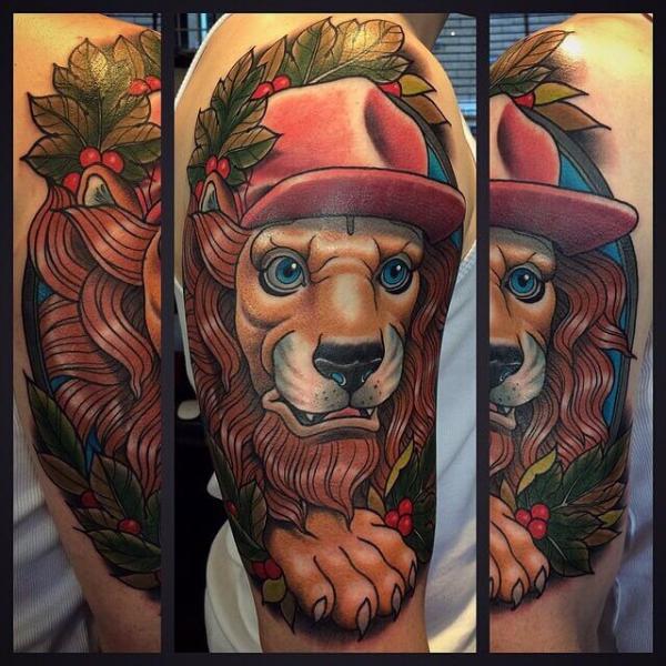 Shoulder Arm Lion Hat Tattoo by Cloak and Dagger Tattoo