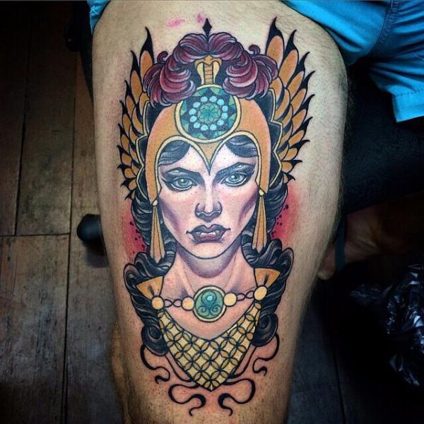 New School Thigh Woman Tattoo by Cloak and Dagger Tattoo