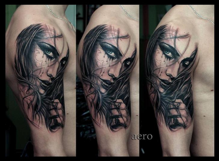 Shoulder Portrait Woman Tattoo by Aero & inkeaters