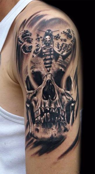 Shoulder Skull Moth Tattoo by Aero & inkeaters