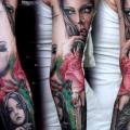 Realistic Flower Gun Sleeve Woman tattoo by Aero & inkeaters