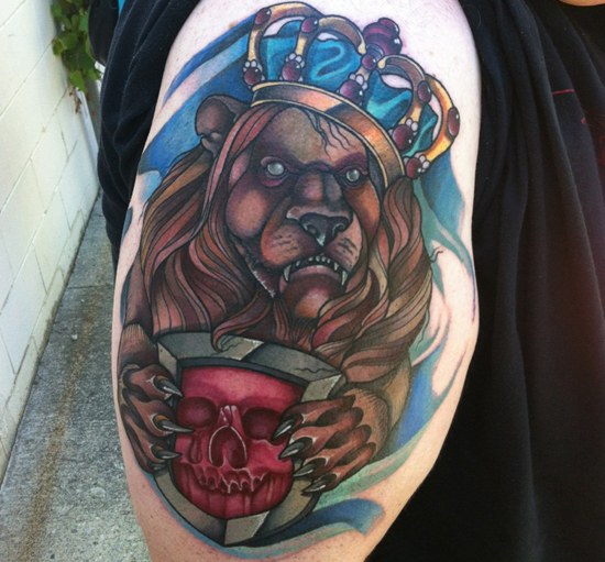 Shoulder Lion Crown Tattoo by Distinction Tattoo