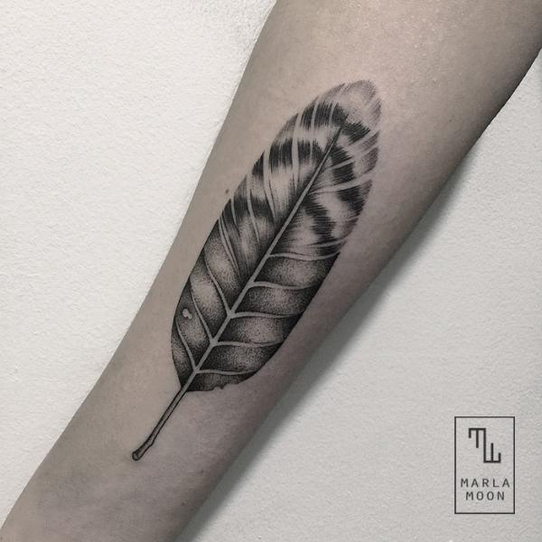 Tatuaje Brazo Pluma Dotwork por Marla Moon