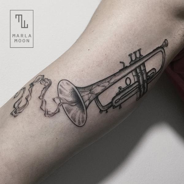Arm Dotwork Trumpet Tattoo by Marla Moon