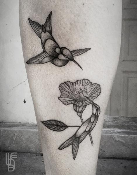 Calf Flower Bird Tattoo by Luciano Del Fabro