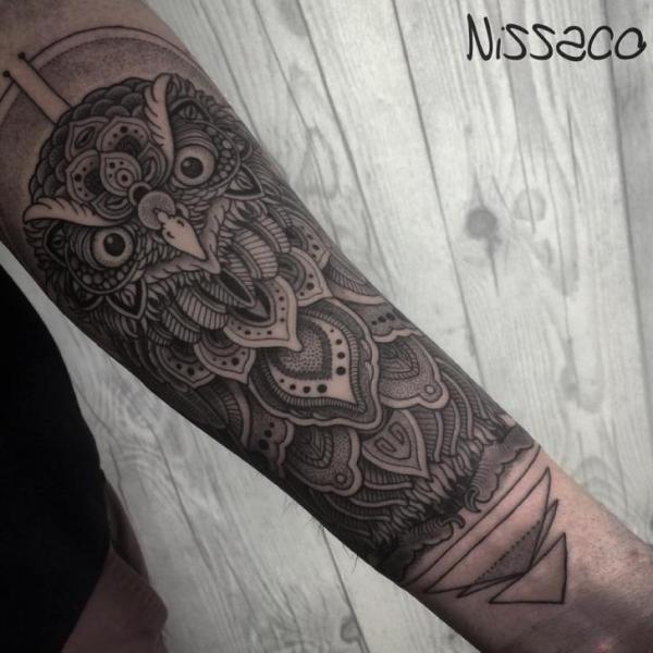 Arm Owl Dotwork Tattoo by Nissaco