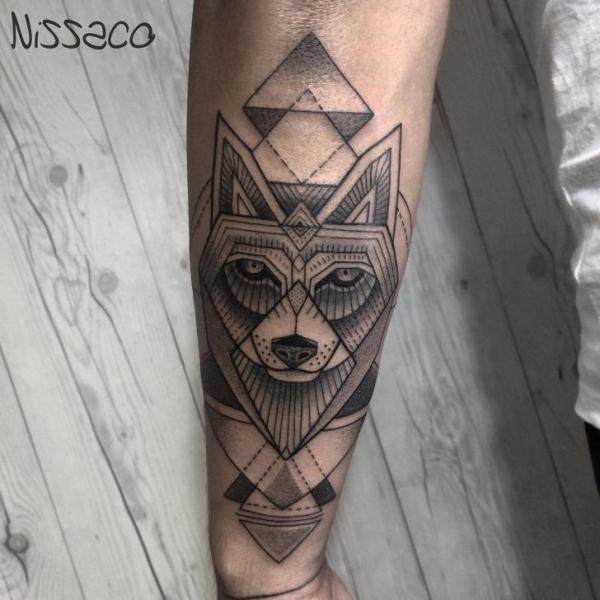Arm Wolf Dotwork Tattoo by Nissaco