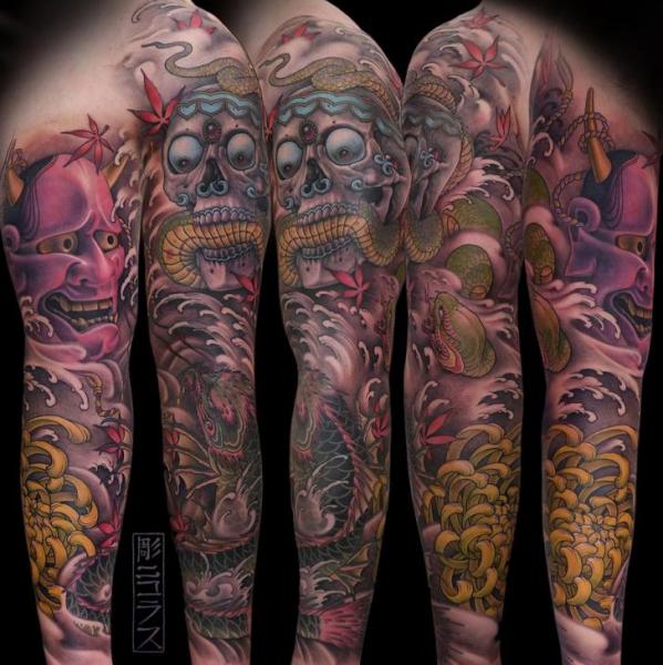 Flower Japanese Skull Dragon Demon Sleeve Tattoo by Nicklas Westin