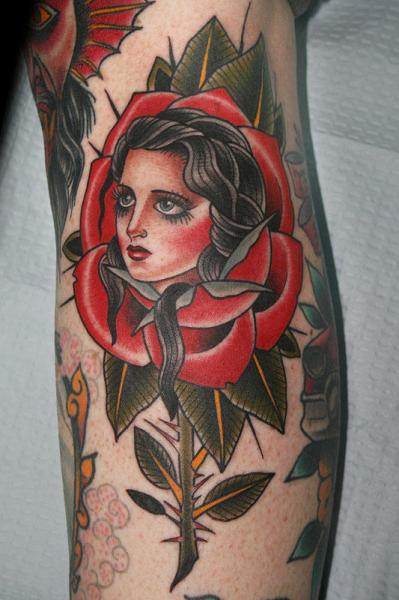 Arm Old School Flower Woman Tattoo by California Electric Tattoo Parlour