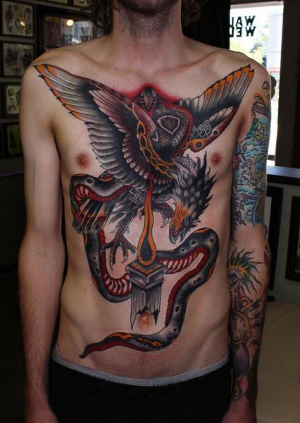 Snake Chest Old School Tiger Belly Tattoo by California Electric Tattoo Parlour