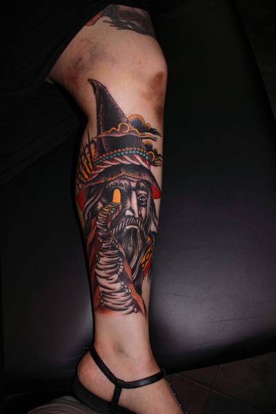 Calf Old School Wizard Tattoo by California Electric Tattoo Parlour