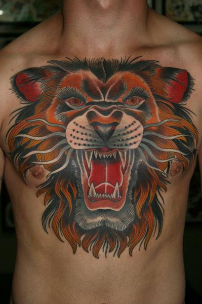 Chest Old School Lion Tattoo by California Electric Tattoo Parlour