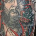 Old School Jesus Religious Thigh tattoo by California Electric Tattoo Parlour