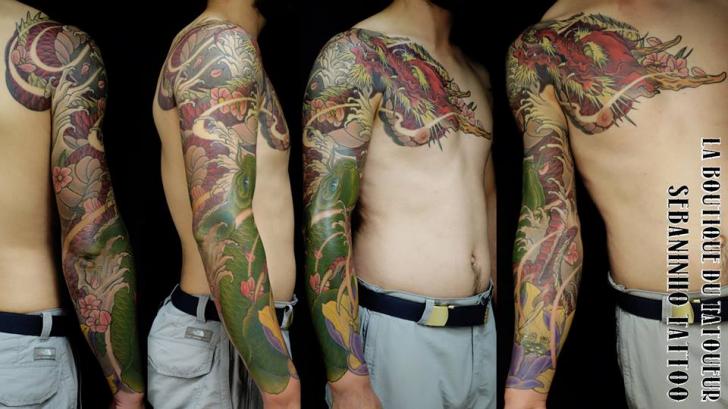 Shoulder Chest Japanese Dragon Sleeve Tattoo by Sebaninho Tattoo