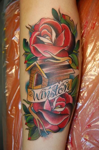 New School Flower Lettering House Tattoo by Dalmiro Tattoo