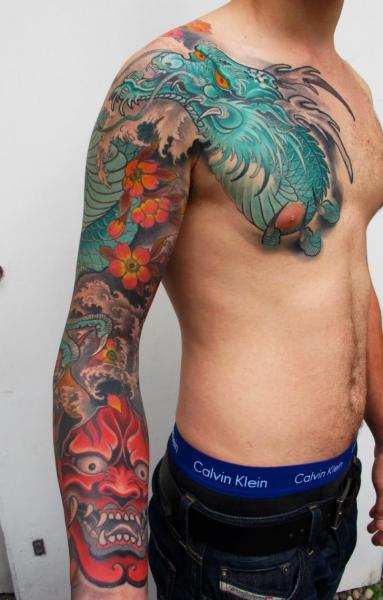 Shoulder Japanese Dragon Demon Sleeve Tattoo by Dalmiro Tattoo