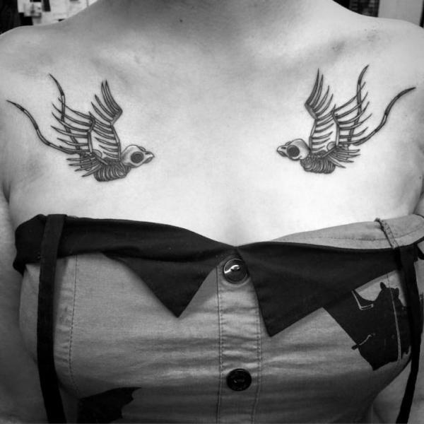 Breast Bird Skeleton Tattoo by Alex Heart
