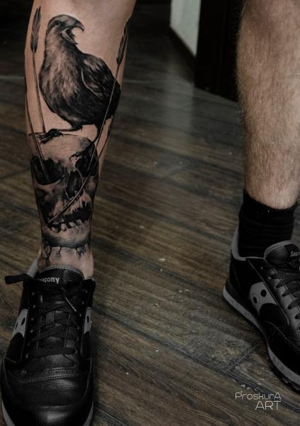 Skull Ankle Bird Tattoo by Proskura Art