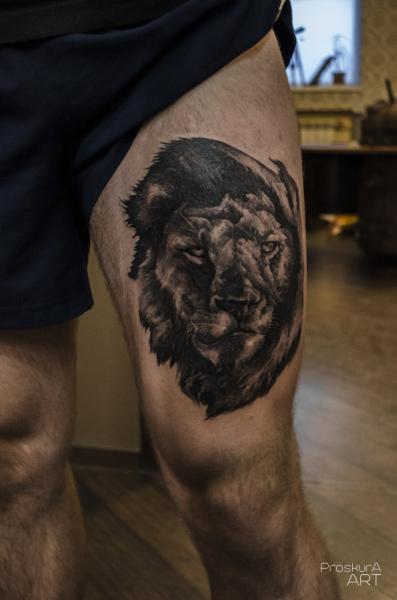 Realistic Lion Thigh Tattoo by Proskura Art