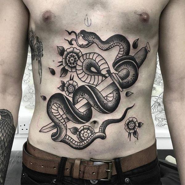 Snake Old School Belly Dagger Tattoo by Parliament Tattoo