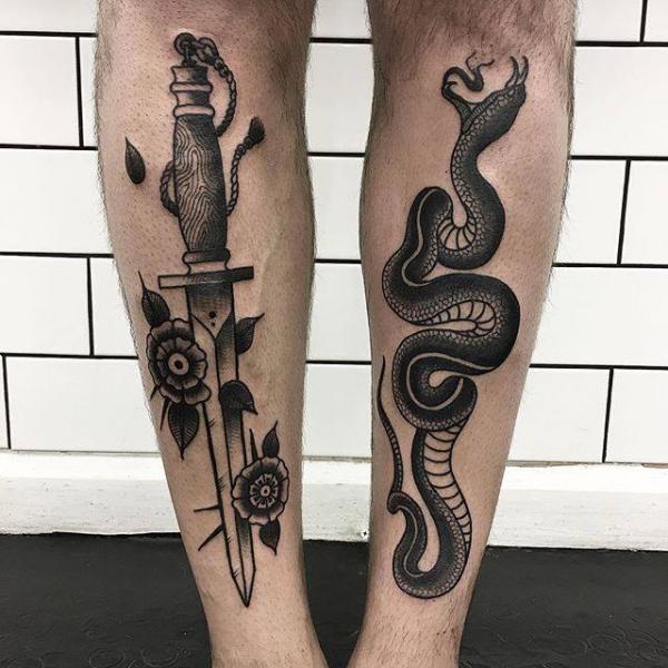 Snake Old School Leg Dagger Tattoo by Parliament Tattoo