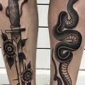 Snake Old School Leg Dagger tattoo by Parliament Tattoo