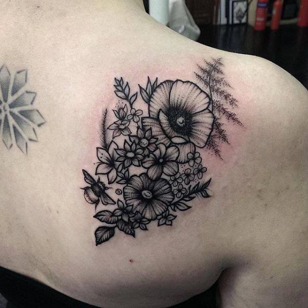 Shoulder Flower Tattoo by Parliament Tattoo