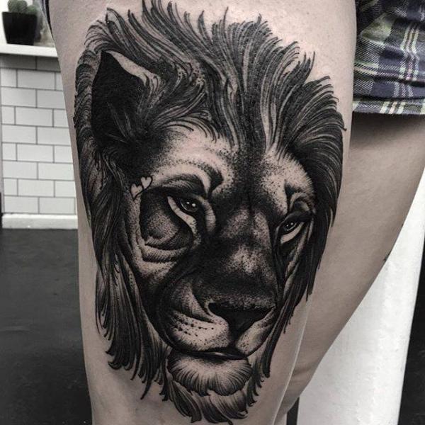 Lion Thigh Tattoo by Parliament Tattoo