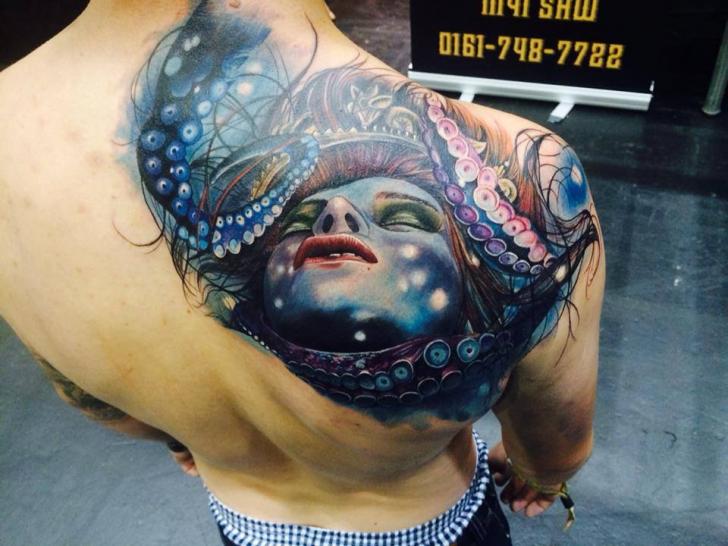 Shoulder Back Octopus Woman Tattoo by Sam Barber