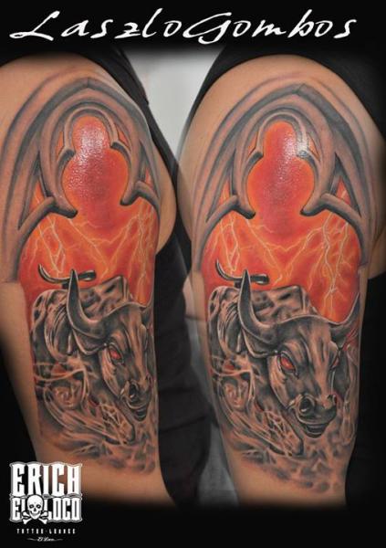Shoulder Church Bull Tattoo by El Loco Tattoo Lounge
